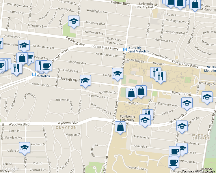 map of restaurants, bars, coffee shops, grocery stores, and more near 7050 Forsyth Boulevard in St. Louis