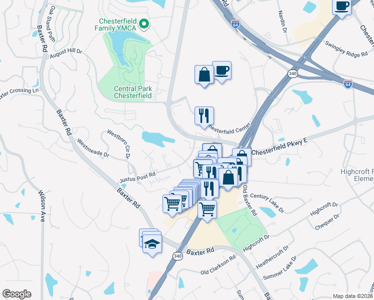 map of restaurants, bars, coffee shops, grocery stores, and more near 1548 Milbridge Drive in Chesterfield