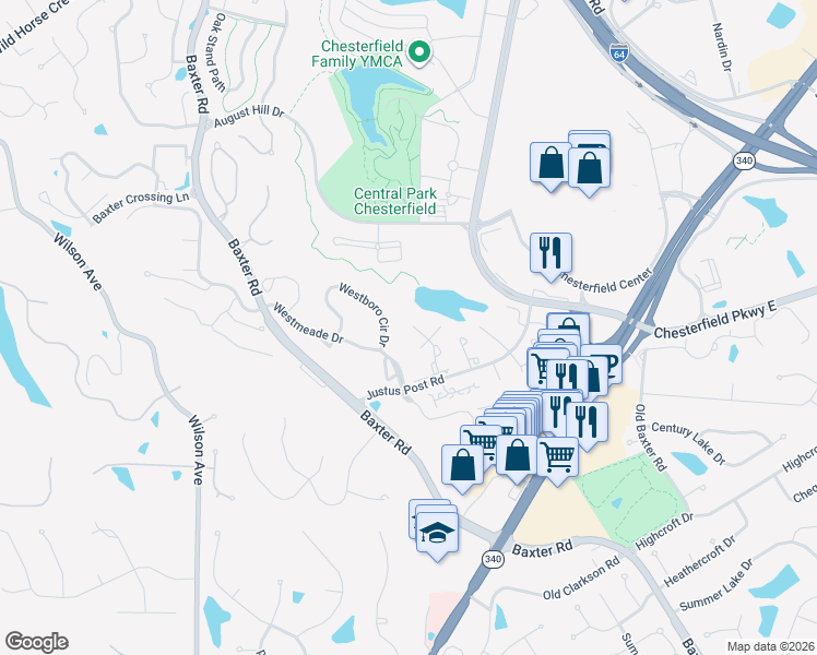 map of restaurants, bars, coffee shops, grocery stores, and more near 1512 Walpole Drive in Chesterfield