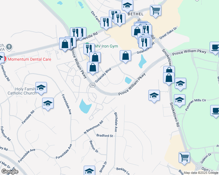 map of restaurants, bars, coffee shops, grocery stores, and more near 14070 Central Loop in Woodbridge