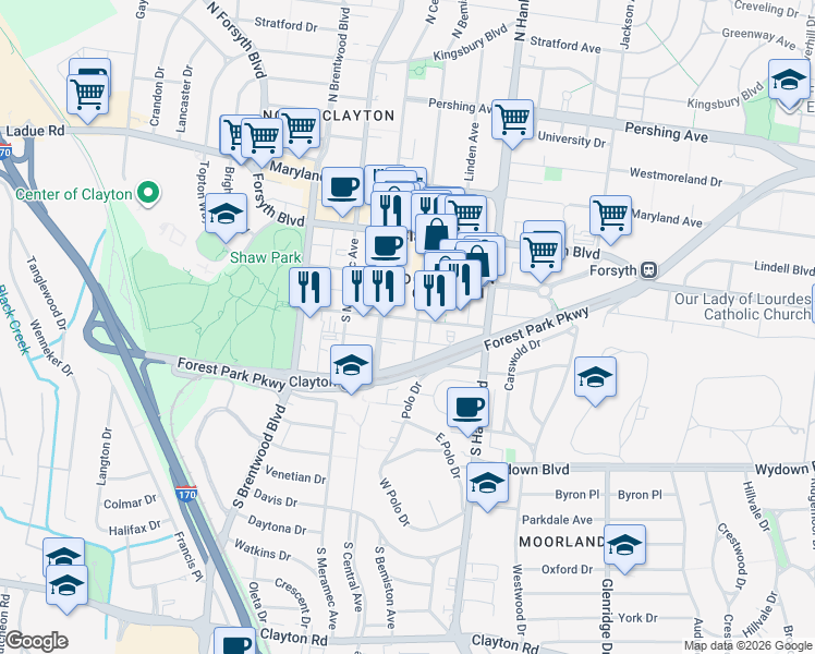 map of restaurants, bars, coffee shops, grocery stores, and more near 7800 Bonhomme Avenue in Clayton