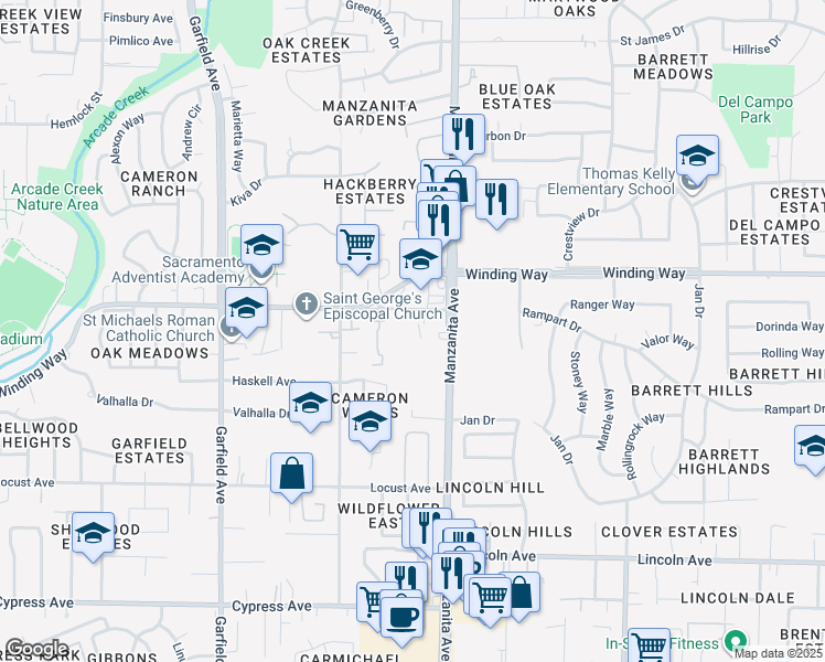 map of restaurants, bars, coffee shops, grocery stores, and more near 5750 Windmill Way in Carmichael
