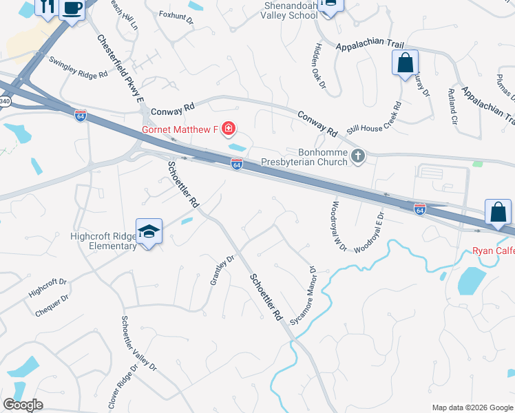 map of restaurants, bars, coffee shops, grocery stores, and more near 1307 Cherry Glen Court in Chesterfield