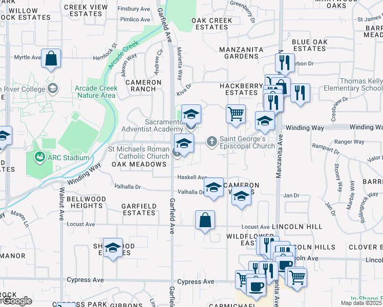 map of restaurants, bars, coffee shops, grocery stores, and more near 4539 Glover Way in Carmichael