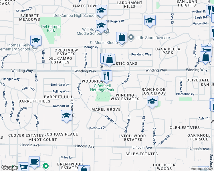 map of restaurants, bars, coffee shops, grocery stores, and more near 4566 Charleston Drive in Carmichael