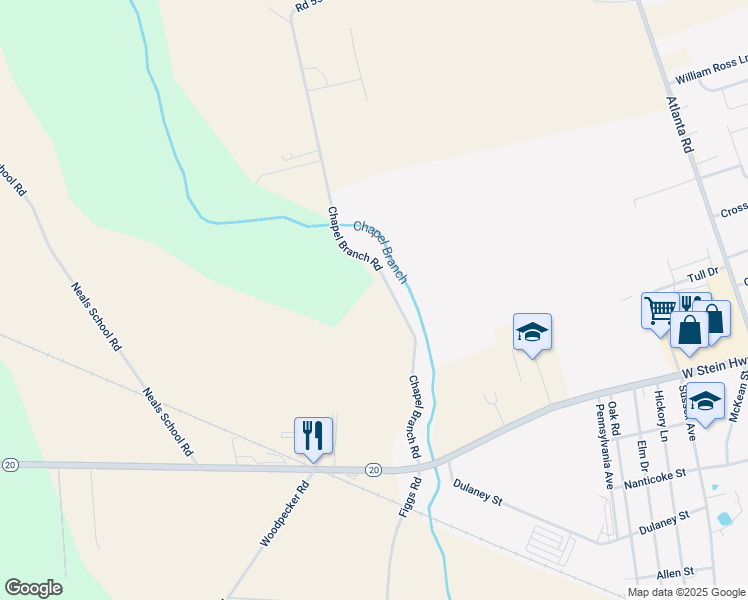 map of restaurants, bars, coffee shops, grocery stores, and more near 24510 Chapel Branch Road in Seaford