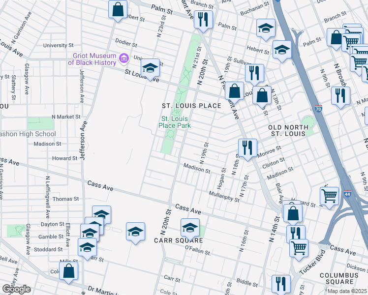 map of restaurants, bars, coffee shops, grocery stores, and more near 1950 North Market Street in St. Louis