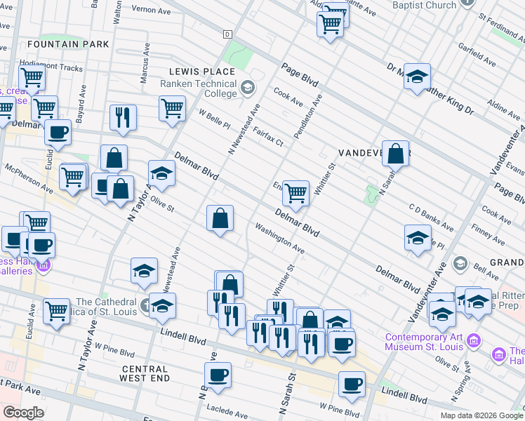 map of restaurants, bars, coffee shops, grocery stores, and more near 4264 Delmar Boulevard in St. Louis