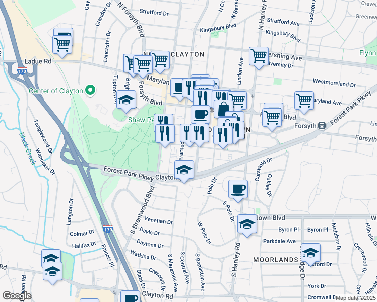 map of restaurants, bars, coffee shops, grocery stores, and more near 201 South Central Avenue in Clayton