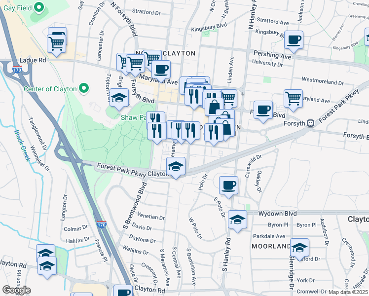 map of restaurants, bars, coffee shops, grocery stores, and more near 201 South Central Avenue in Clayton