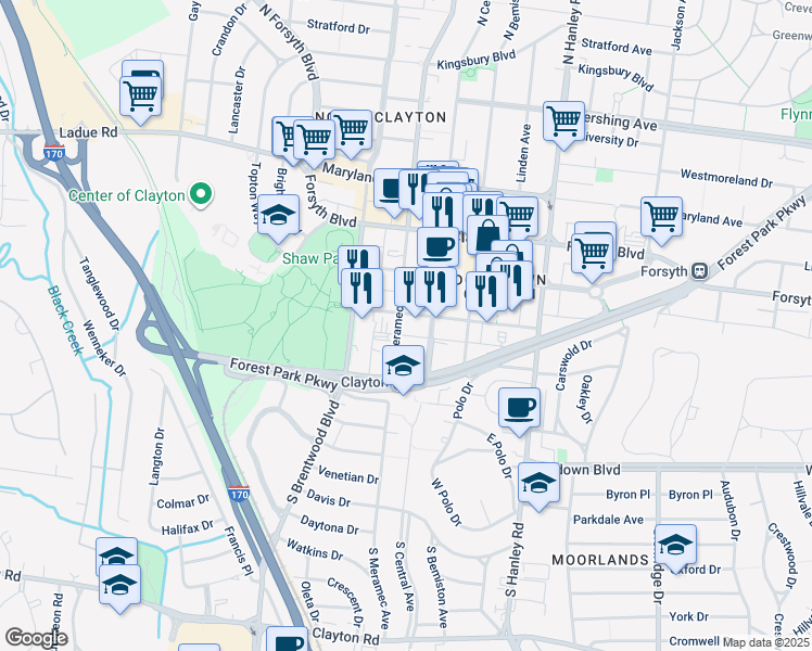 map of restaurants, bars, coffee shops, grocery stores, and more near 212 South Meramec Avenue in Clayton