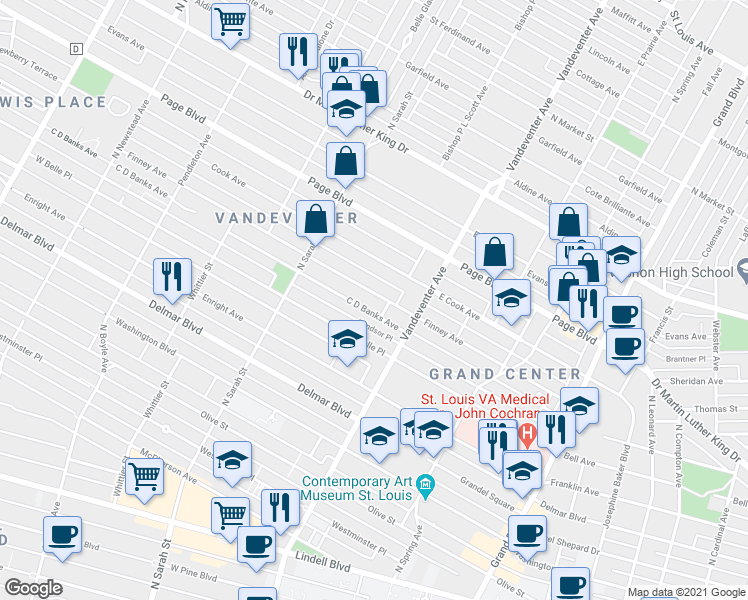 map of restaurants, bars, coffee shops, grocery stores, and more near 3952 Finney Avenue in St. Louis