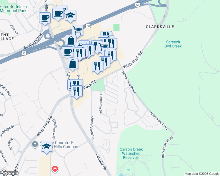 map of restaurants, bars, coffee shops, grocery stores, and more near 1130 White Rock Road in El Dorado Hills