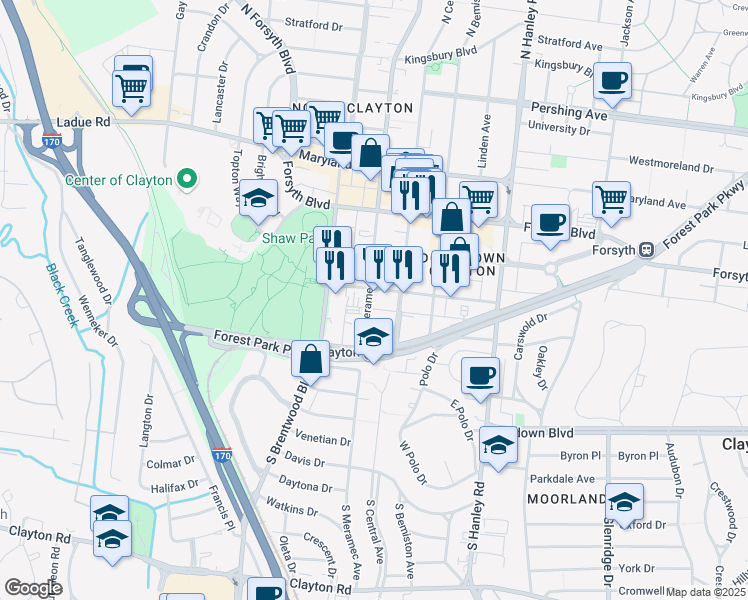 map of restaurants, bars, coffee shops, grocery stores, and more near 212 South Meramec Avenue in Clayton