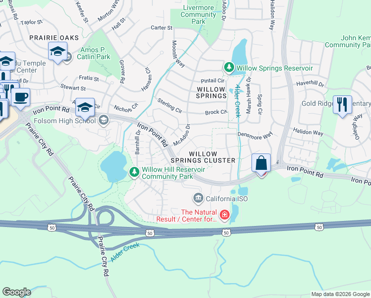 map of restaurants, bars, coffee shops, grocery stores, and more near 983 Seabough Court in Folsom