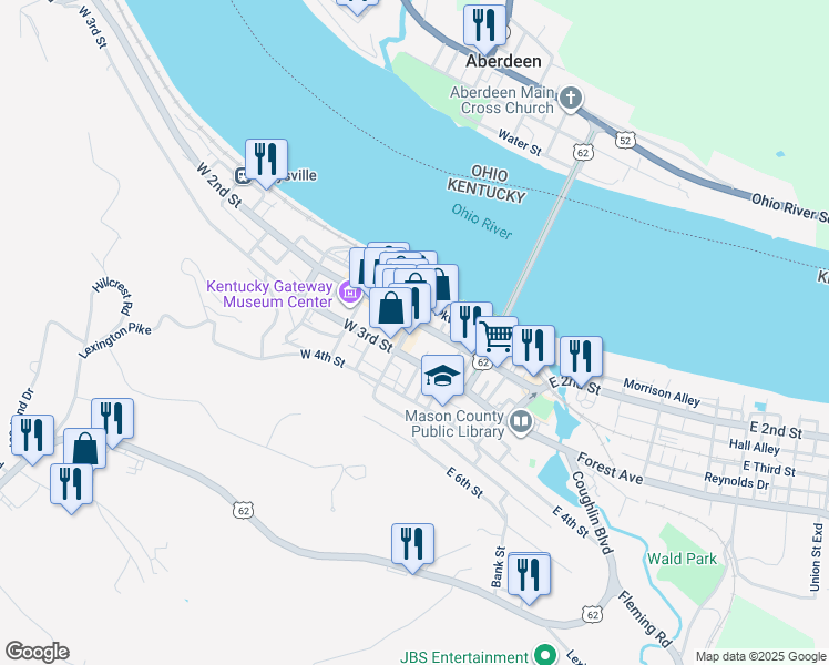 map of restaurants, bars, coffee shops, grocery stores, and more near 200 Market Street in Maysville