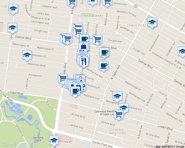 map of restaurants, bars, coffee shops, grocery stores, and more near 4704 McPherson Avenue in St. Louis