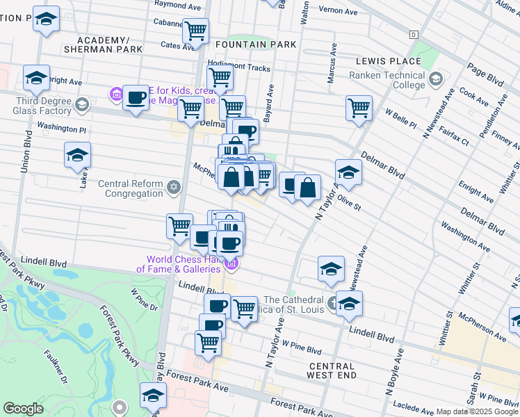 map of restaurants, bars, coffee shops, grocery stores, and more near 4704 McPherson Avenue in St. Louis