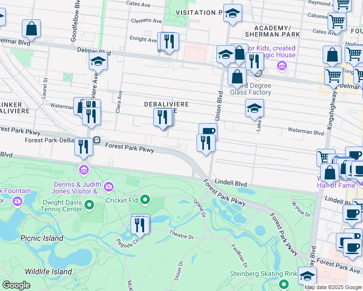 map of restaurants, bars, coffee shops, grocery stores, and more near 5370 Pershing Avenue in St. Louis