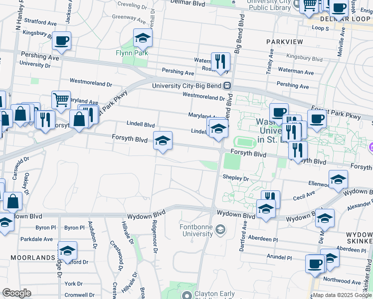 map of restaurants, bars, coffee shops, grocery stores, and more near 7116 Forsyth Boulevard in St. Louis