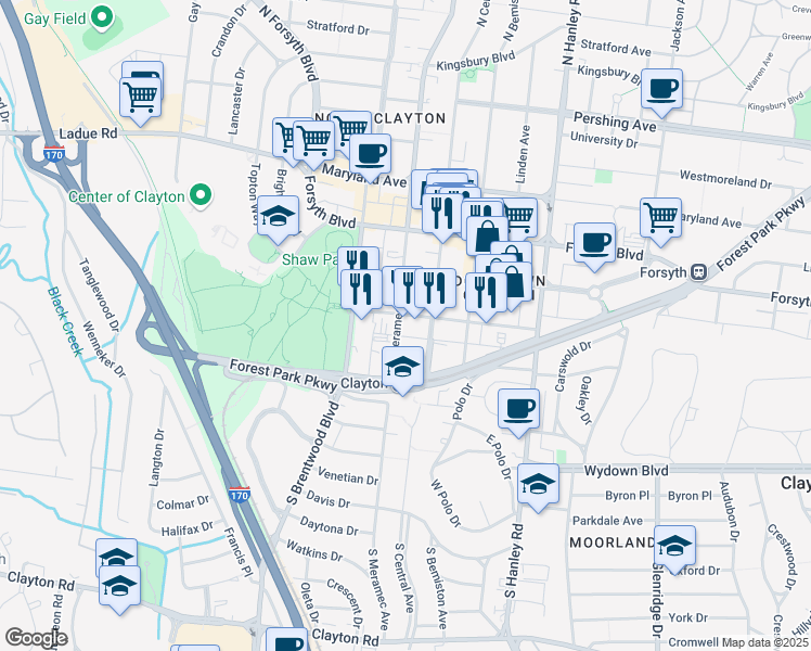 map of restaurants, bars, coffee shops, grocery stores, and more near 201 South Central Avenue in Clayton