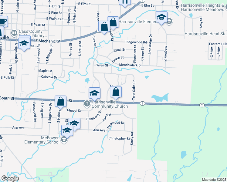 map of restaurants, bars, coffee shops, grocery stores, and more near 1100 Outlook Drive in Harrisonville