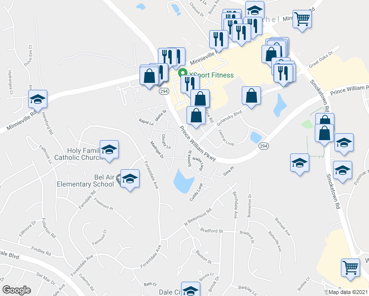 map of restaurants, bars, coffee shops, grocery stores, and more near 14082 Kramer Place in Woodbridge