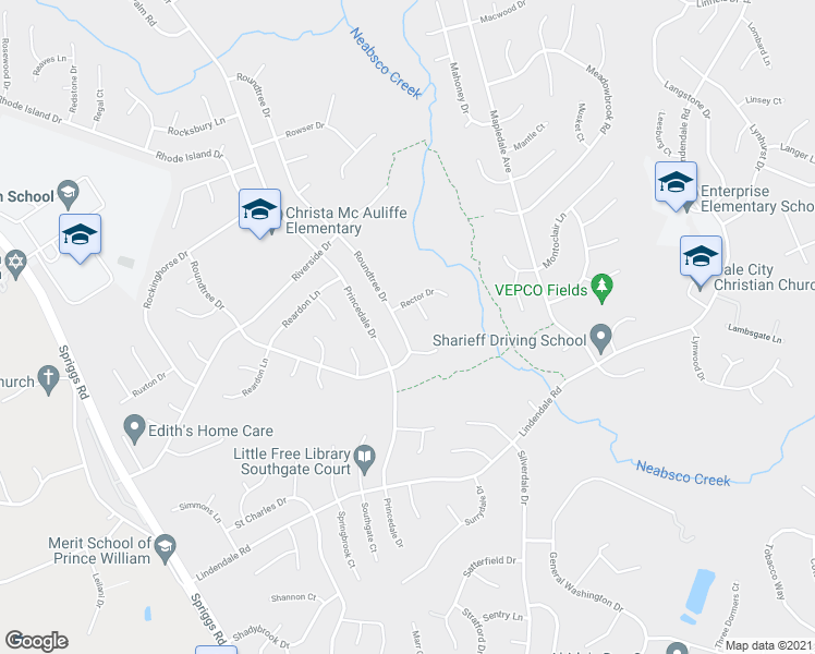 map of restaurants, bars, coffee shops, grocery stores, and more near 5638 Roundtree Drive in Woodbridge