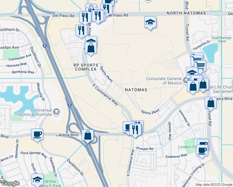 map of restaurants, bars, coffee shops, grocery stores, and more near 4190 East Commerce Way in Sacramento