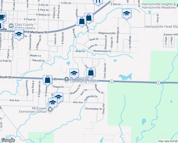 map of restaurants, bars, coffee shops, grocery stores, and more near 1100 Outlook Drive in Harrisonville