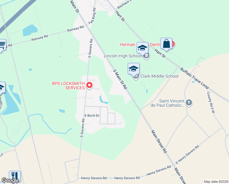 map of restaurants, bars, coffee shops, grocery stores, and more near 1969 Main Street in Vincennes