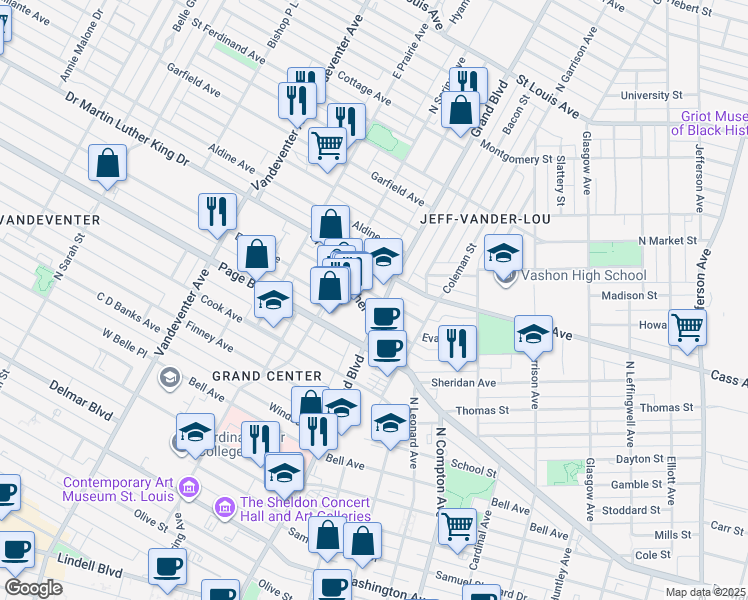 map of restaurants, bars, coffee shops, grocery stores, and more near 1428a North Grand Boulevard in St. Louis