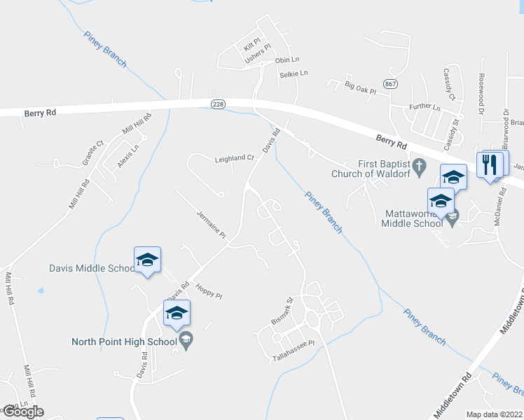 map of restaurants, bars, coffee shops, grocery stores, and more near 2372 Albany Way in Waldorf