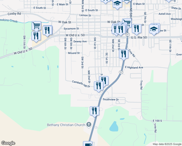 map of restaurants, bars, coffee shops, grocery stores, and more near Tower Drive in Washington