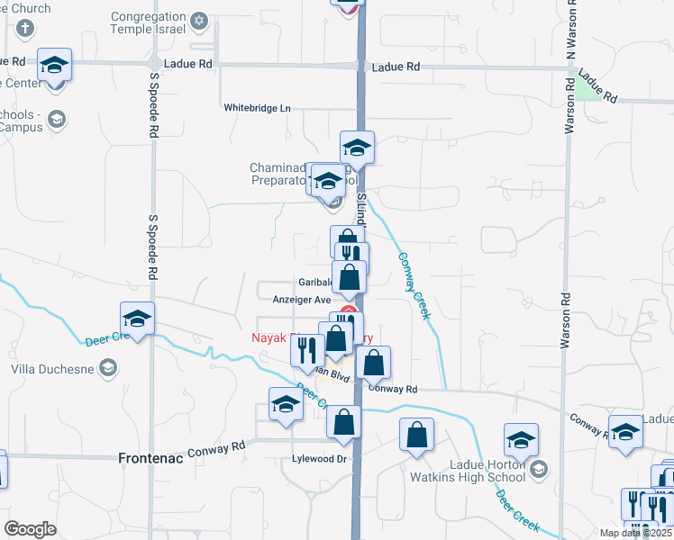 map of restaurants, bars, coffee shops, grocery stores, and more near 10330 Donoho Place in St. Louis