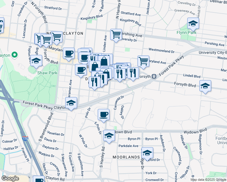 map of restaurants, bars, coffee shops, grocery stores, and more near 101 North Hanley Road in Clayton