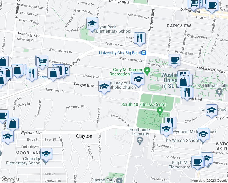 map of restaurants, bars, coffee shops, grocery stores, and more near 7116 Forsyth Boulevard in St. Louis