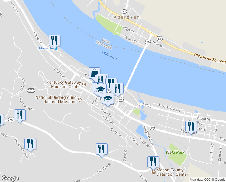 map of restaurants, bars, coffee shops, grocery stores, and more near 35 East 2nd Street in Maysville