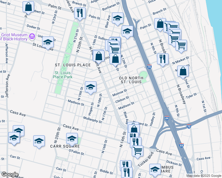map of restaurants, bars, coffee shops, grocery stores, and more near 1446 North Market Street in St. Louis