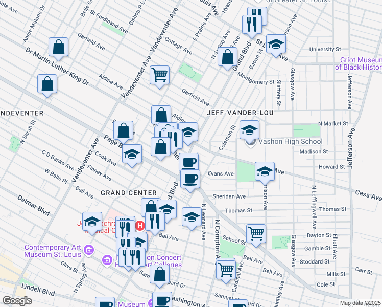map of restaurants, bars, coffee shops, grocery stores, and more near 1428a North Grand Boulevard in St. Louis
