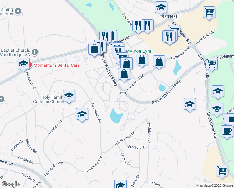 map of restaurants, bars, coffee shops, grocery stores, and more near 14080 Kramer Place in Woodbridge