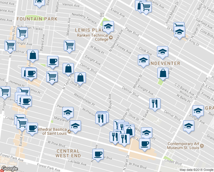 map of restaurants, bars, coffee shops, grocery stores, and more near 4323 Washington Boulevard in St. Louis