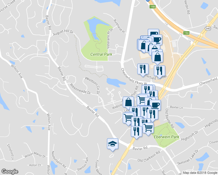 map of restaurants, bars, coffee shops, grocery stores, and more near 1512 Walpole Drive in Chesterfield
