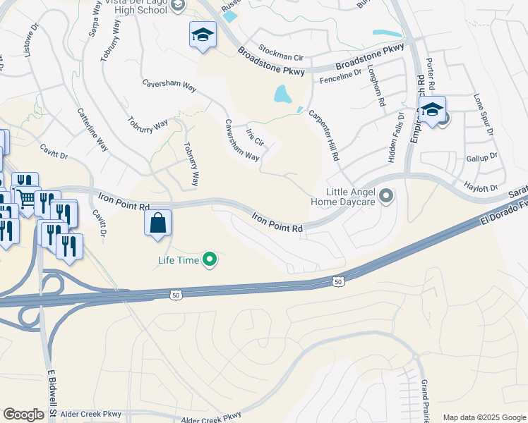 map of restaurants, bars, coffee shops, grocery stores, and more near 2800 Iron Point Road in Folsom