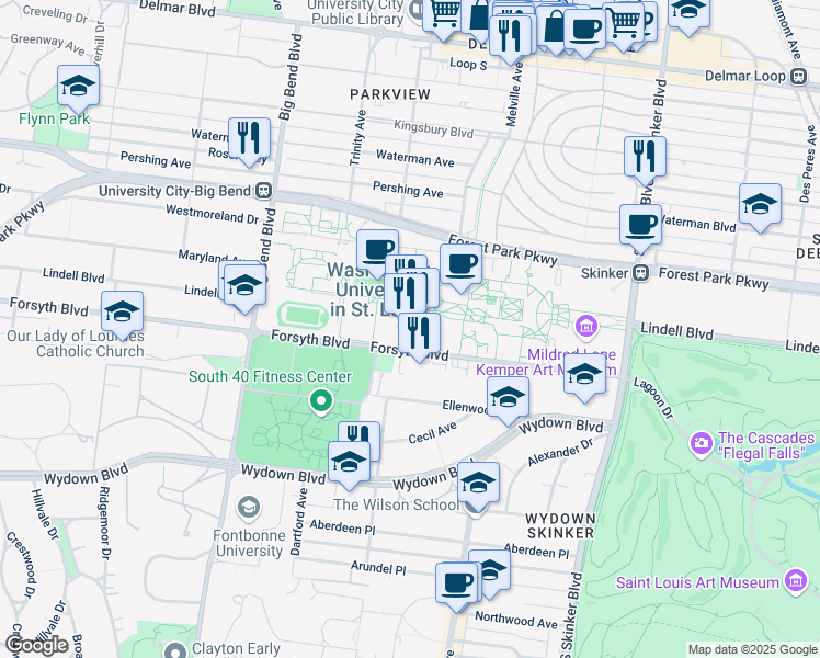 map of restaurants, bars, coffee shops, grocery stores, and more near 6445 Forsyth Boulevard in St. Louis