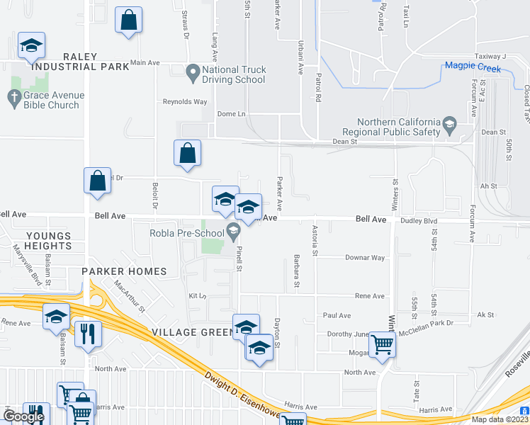 map of restaurants, bars, coffee shops, grocery stores, and more near 2101 Bell Avenue in Sacramento