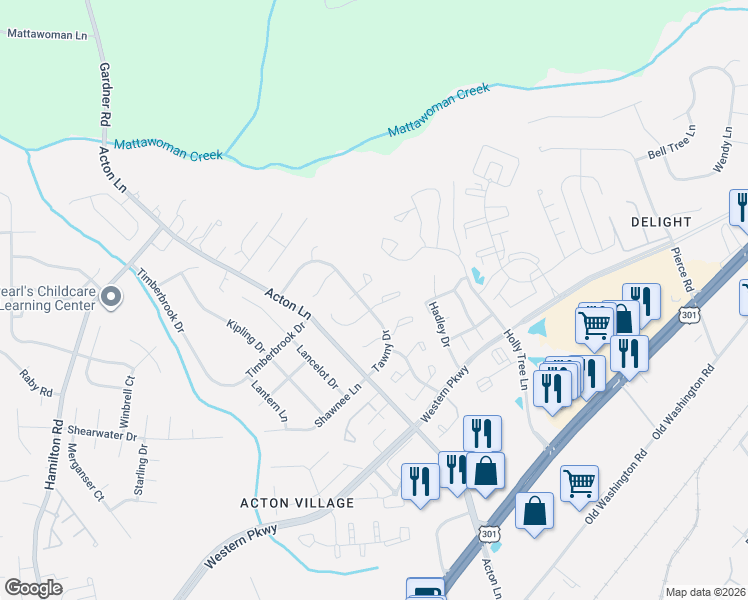 map of restaurants, bars, coffee shops, grocery stores, and more near 386 Trefoil Place in Waldorf