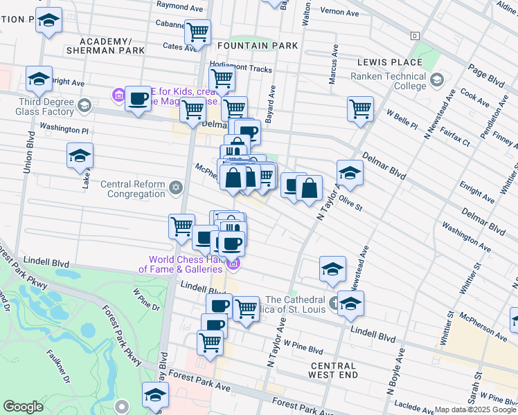 map of restaurants, bars, coffee shops, grocery stores, and more near 4704 McPherson Avenue in St. Louis