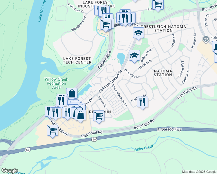 map of restaurants, bars, coffee shops, grocery stores, and more near 112 Brightstone Circle in Folsom