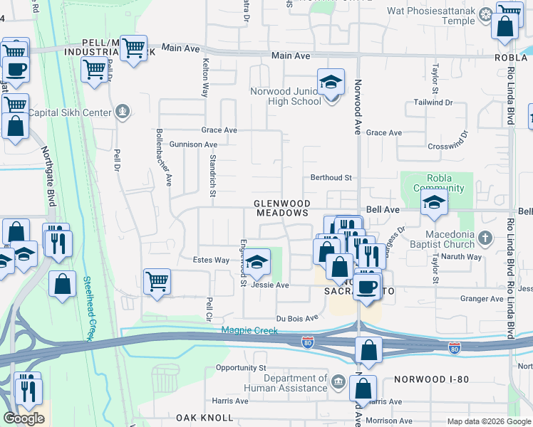 map of restaurants, bars, coffee shops, grocery stores, and more near 260 Bell Avenue in Sacramento